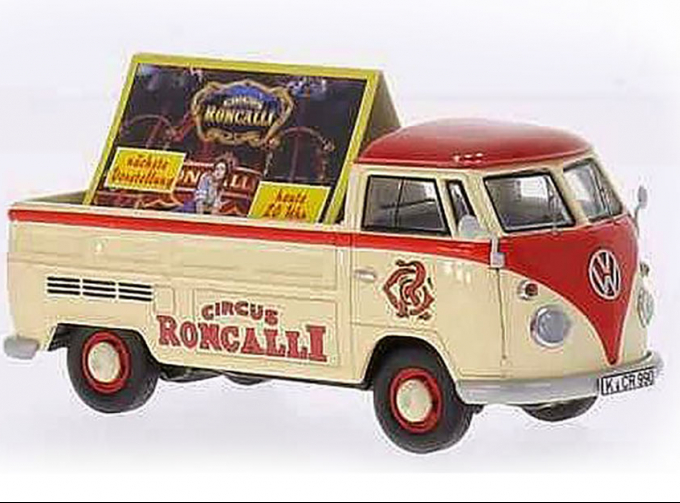 VOLKSWAGEN T1 flatbed platform trailer, Circus Roncalli with Werbeaufsteller, beige / red