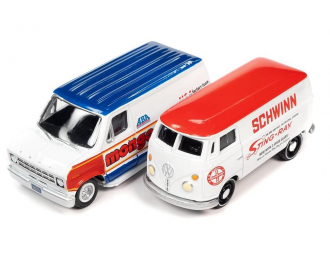 VOLKSWAGEN Type-2 Transporter (1965) white/red + FORD Econoline Van (1976), white/blue