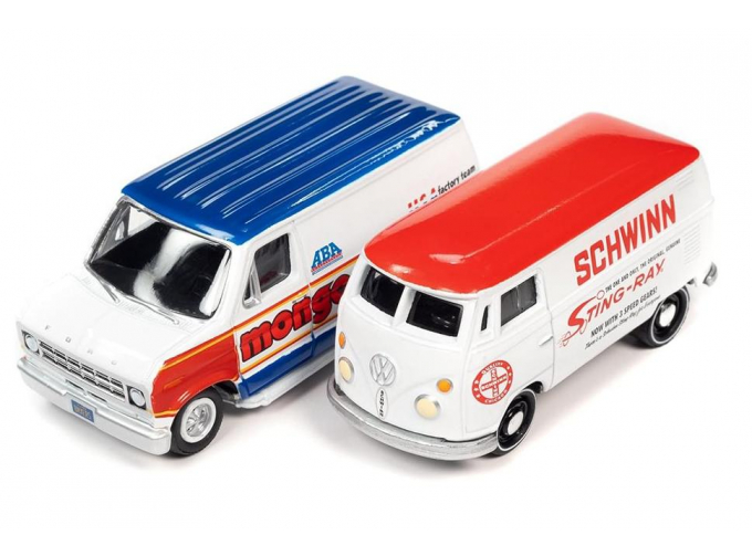 VOLKSWAGEN Type-2 Transporter (1965) white/red + FORD Econoline Van (1976), white/blue