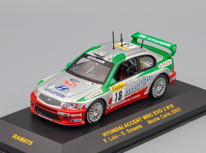 HYUNDAI ACCENT WRC Evo2 #18 F.LOIX-S.SMEETS Rally Monte-Carlo 2002, silver / green