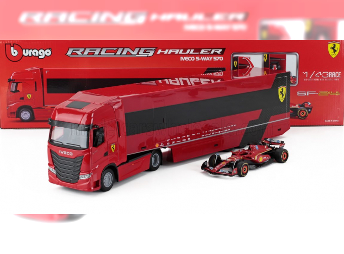 IVECO FIAT Set Truck S-way 570 Truck Car Transporter With F1 Sf-23 №16 Season (2023) Charles Leclerc, Red Black