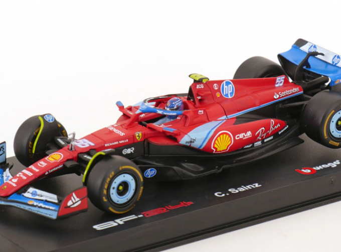 FERRARI F1 Sf-24 Team Scuderia Ferrari №55 5th Miami Gp (2024) Carlos Sainz - With Pilot And Showcase, Red Black Light Blue