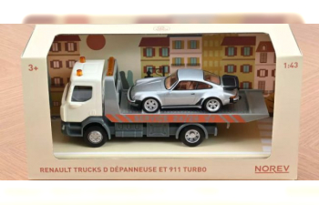 RENAULT Carro Attrezzi Truck Car Transporter With Porsche 911 930 3.0 Turbo Coupe (1987), White Silver