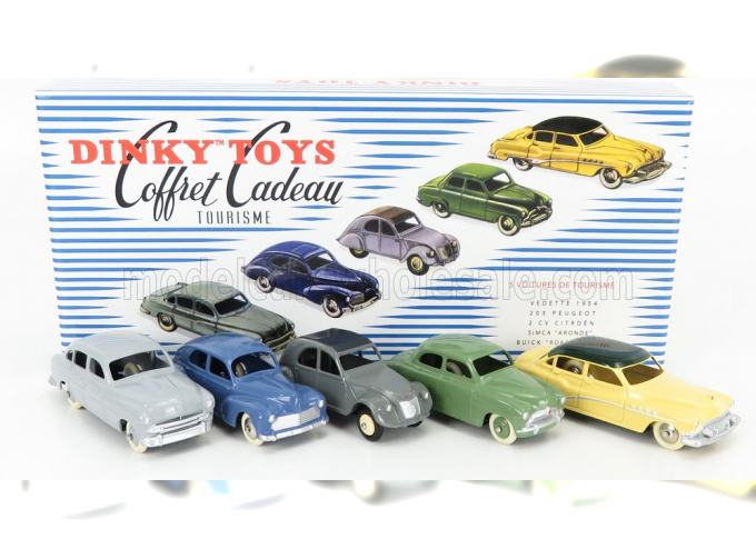 BUICK Coffret Cadeau Tourisme Set 5x Roadmaster 1955 - Peugeot 203 1940 - Ford Vedette 1954 - Citroen 2cv 1955 - Simca 9 Aronde 1953, Various