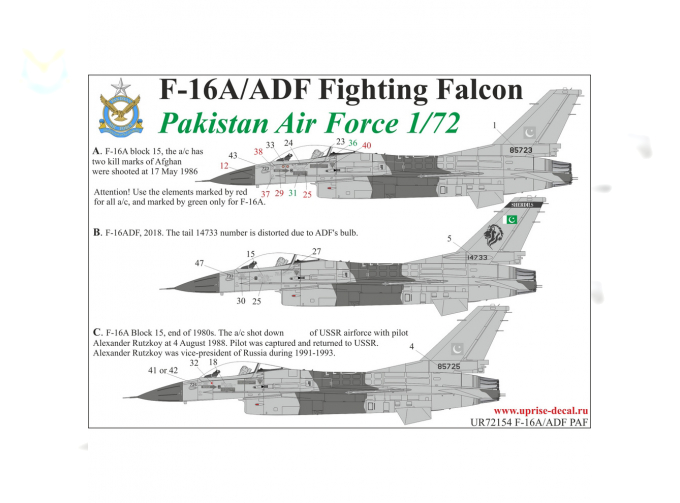 Декаль для F-16A/ADF PAF, сбивших Руцкой Суххой-25 и Afghan Суххой- 22