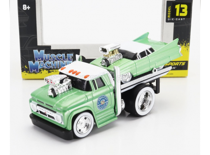 CHEVROLET C-60 Flatbed Car Transporter (1966) With CADILLAC Custom (1961), Light Green Met