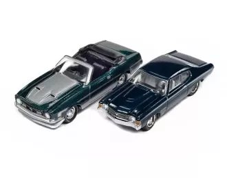 Ford Mustang Convertible(1972), Dark Green Poly/silver, Chevrolet Chevelle SS Heavy Chevrolet, Fathom Blue with Heavy Chevy Emblem & White Side Stripe