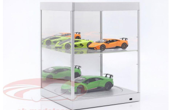 Витрина со светодиодной подсветкой, зеркалом и вращающимся подиумом для модели в масштабе 1:18, серебристая