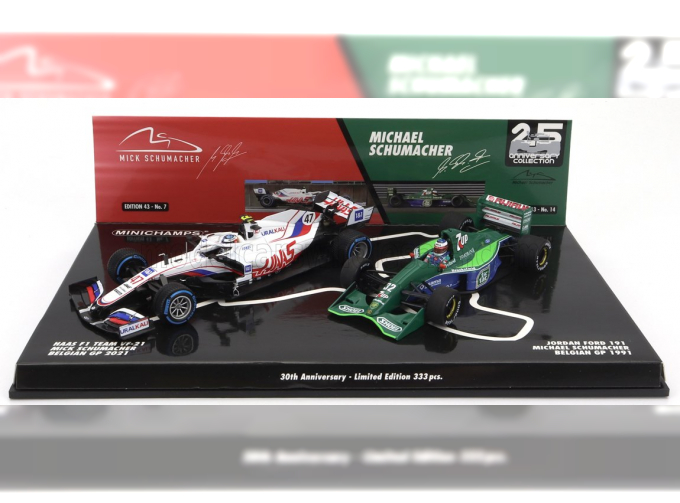 HAAS F1 Set 2x Vf-21 Ferrari 065/6 Team Uralkali №47 Belgium Gp (2021) Mick Schumacher + Jordan 191 Ford №32 First F1 Race Spa Belgium Gp (1991) Michael Schumacher - 30th Anniversary, White Green