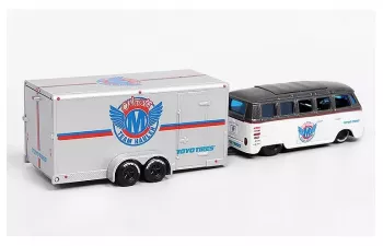 VOLKSWAGEN Van Samba Dark Gray Metallic / White + Volkswagen Beetle White Metallic + Enclosed Car Trailer Silver "Toyo Tires" "Team Haulers"