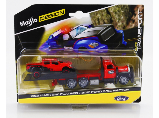 MACK B-61 Flatbed Ramp Truck With FORD F-150 Raptor Pick-up (2021), Red Black