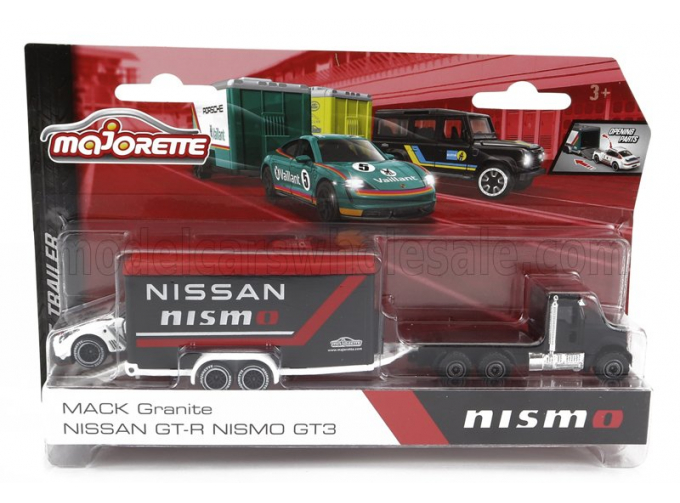 MACK Granite Truck With Trailer Car Transporter + Nissan Gt-r Nismo Gt3 Racing (2018), Black Red White