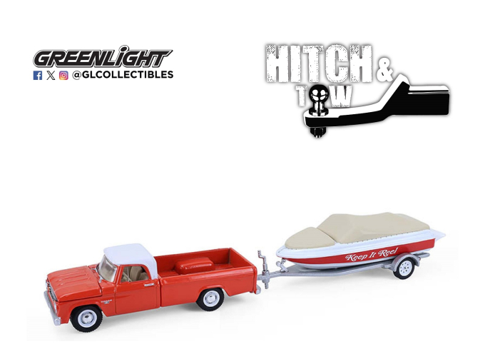 DODGE D-100 пикап с прицепом и лодкой (1967), Red/White