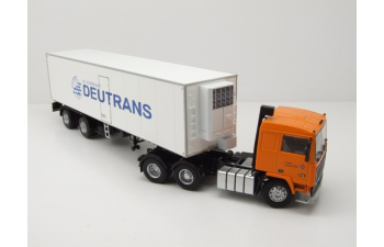 VOLVO F12 Truck With Trailer Deutrans 1980, orange / white