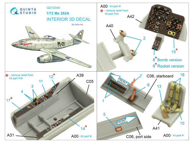 3D Декаль интерьера кабины Me-262A (Airfix)