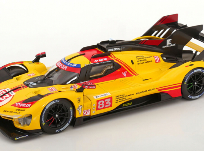 FERRARI 499p 3.0l Turbo V6 Team Af Corse №83 24h Le Mans (2024) Robert Kubica - Robert Shwartzman - Yifei Ye - Con Vetrina - With Showcase, Yellow Red