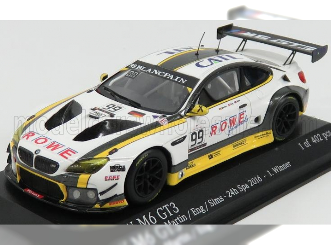 BMW 6-series M6 Gt3 Team Rowe Racing N 99 Winner 24h Spa 2016 A.sims - P.eng - M.martin, White Yellow Black