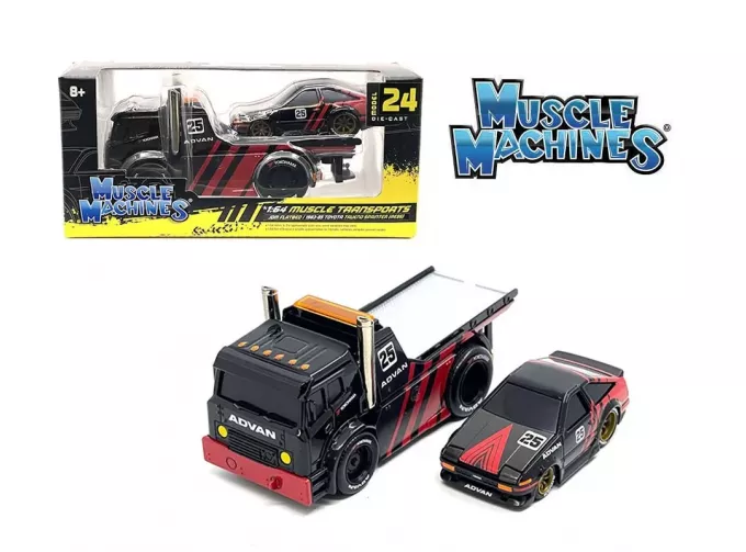 TRUCK Jdm Flatbed Truck Car Transporter With TOYOTA Sprinter Trueno (ae86) Advan Custom (1983), Black Red