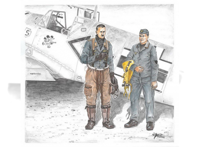 Bf 109E ace A. Galland and mechanic