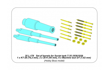 Set of barrels for Soviet tank T-35 1938/1939 1 x KT-28 (76,2 mm) , 2 x 20 K (45 mm), 6 x Machine Gun DT (7,62 mm)