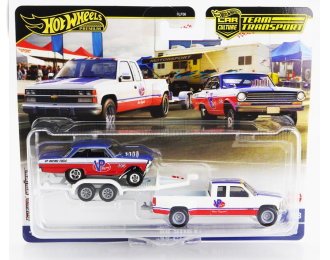 CHEVROLET Silverado 3500 Pick-up With Trailer Car Transporter + Chevrolet Nova 1963, White Red Blue