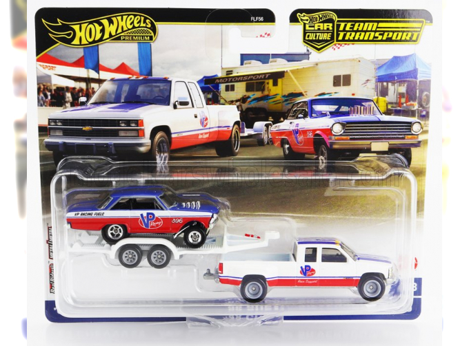 CHEVROLET Silverado 3500 Pick-up With Trailer Car Transporter + Chevrolet Nova 1963, White Red Blue