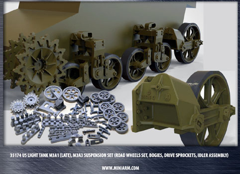 (Стюарт) US light tank M3A1 (поздний), M3A3, набор подвески (катки, тележки, ведущие звезды, ленивцы с подвеской)