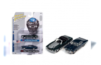 Ford Mustang Convertible(1972), Dark Green Poly/silver, Chevrolet Chevelle SS Heavy Chevrolet, Fathom Blue with Heavy Chevy Emblem & White Side Stripe