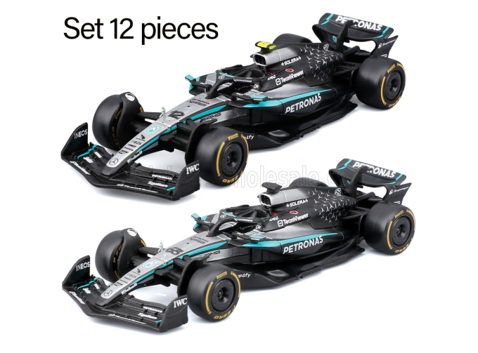 MERCEDES GP F1 - Set 12x - Espositore - Display Stand - W16 Team Amg Petronas Motorsport №12 Season 2025 Andrea Kimi Antonelli + №63 George Russell, Black Silver Green