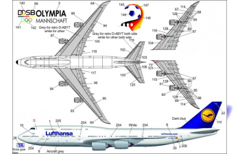 Декаль для авиалайнера 747-8i Old Lufthansa with Retro с тех. надписями и маской