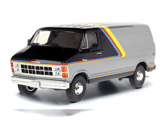 DODGE Ram B250 Van 1980 Silver and Black with Yellow, Red and Blue Stripes