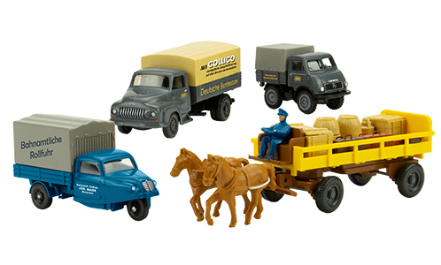 Набор FORD 2500, Unimog 401, Goliath Goli и гужевая повозка Издание Deutsche Bundesbahn Nr. 9