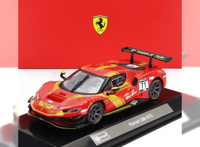 FERRARI 296 Gt3 3.0l Twin Turbo V6 №71 Racing (2023) - Con Vetrina - With Showcase, Red Yellow