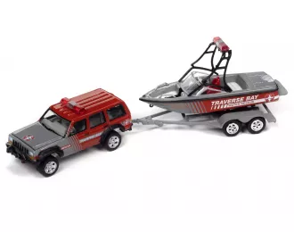 JEEP Cherokee XJ с лодкой и прицепом, серый/красный