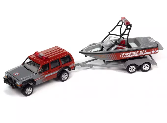 JEEP Cherokee XJ с лодкой и прицепом, серый/красный