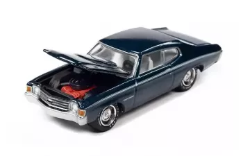 Ford Mustang Convertible(1972), Dark Green Poly/silver, Chevrolet Chevelle SS Heavy Chevrolet, Fathom Blue with Heavy Chevy Emblem & White Side Stripe