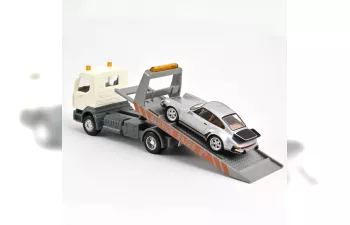 RENAULT Carro Attrezzi Truck Car Transporter With Porsche 911 930 3.0 Turbo Coupe (1987), White Silver