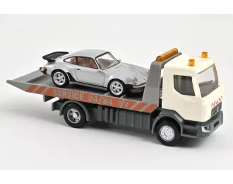 RENAULT Carro Attrezzi Truck Car Transporter With Porsche 911 930 3.0 Turbo Coupe (1987), White Silver