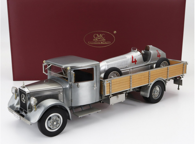 MERCEDES-BENZ Set 2x Lo2750 Platform Truck With Wooden Box Car Transporter (1936) + F1 W25 N4 Monaco Gp (1935) L.Fagioli, Silver Grey Wood