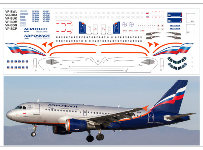 319-03 Декаль на Arbus A319 НОВАЯ РОССИЯ (красная) с элементами белой печати "СПОРТ"