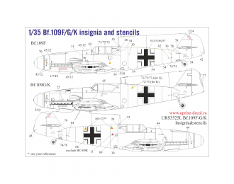 Декаль для Bf.109F/G/K со знаками отличия и тех. надписями