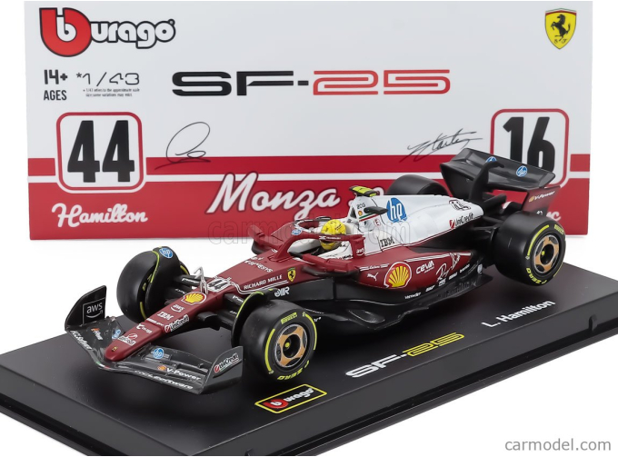 FERRARI - F1 SF-25 TEAM SCUDERIA FERRARI HP N 44 MONZA ITALY GP 2025 LEWIS HAMILTON - NIKI LAUDA 50th ANNIVERSARY WORLD CHAMPION - WITH PILOT AND SHOWCASE