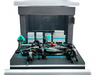 MERCEDES-BENZ GP F1 W14 Eq Performance Diorama Garage Pit-stop Team Amg Petronas Motorsport №63 Season (2023) George Russell With Crew Figure And Accessories, Black Silver Green