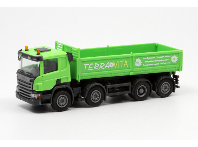 SCANIA P 8х2 самосвал с стальными бортами для перевозки торфа, салатовый/салатовый