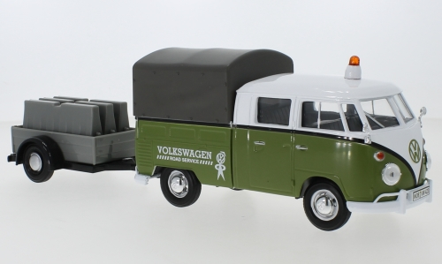 VOLKSWAGEN T1 Type 2 Double Cabine Pick-up Closed Road Service (1962) With Trailer, Green White Grey