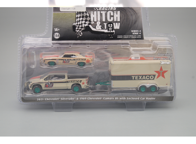 Набор CHEVROLET Silverado пикап 2021 с прицепом и CHEVROLET Camaro RS Texaco #18 (1969) (Greenlight!)