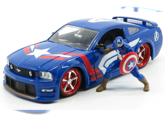 FORD Mustang Gt Coupe 2006 With Captain America Figure, Blue Red White