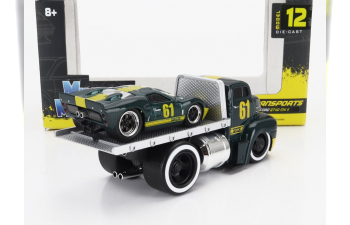 FORD Coe Flatbed Truck Car Transporter (1965) With FORD Gt40 №61 Custom (1966), Green Met Yellow