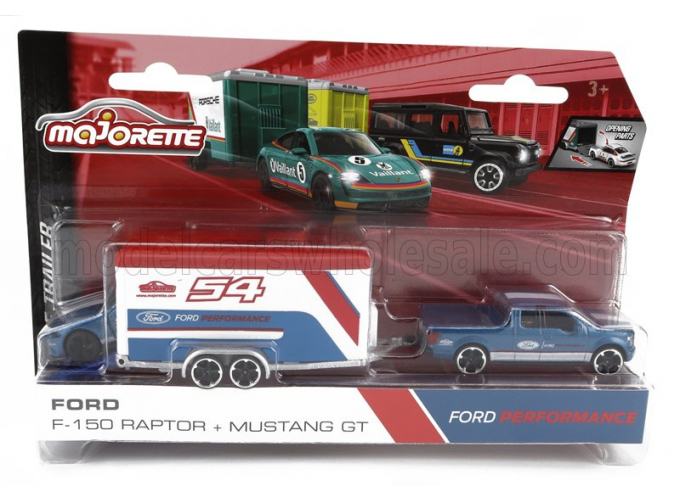 FORD Raptor Pick-up With Trailer Car Transporter + Mustang Team Ford Performance (2021), Blue White Red