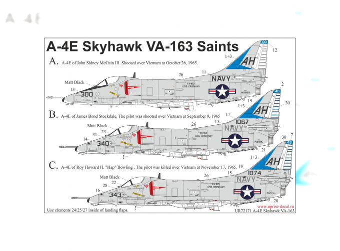 Декаль для A-4E Skyhawk "Ha0i Hilton - guests from VA-163" с тех. надписями